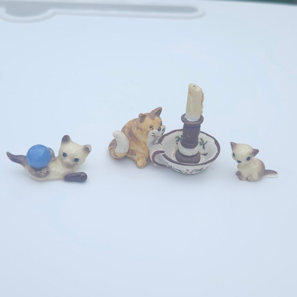 Vintage Hand Painted Miniature Cat Figurine Lot Candleholder Yarn Kitten Decor
